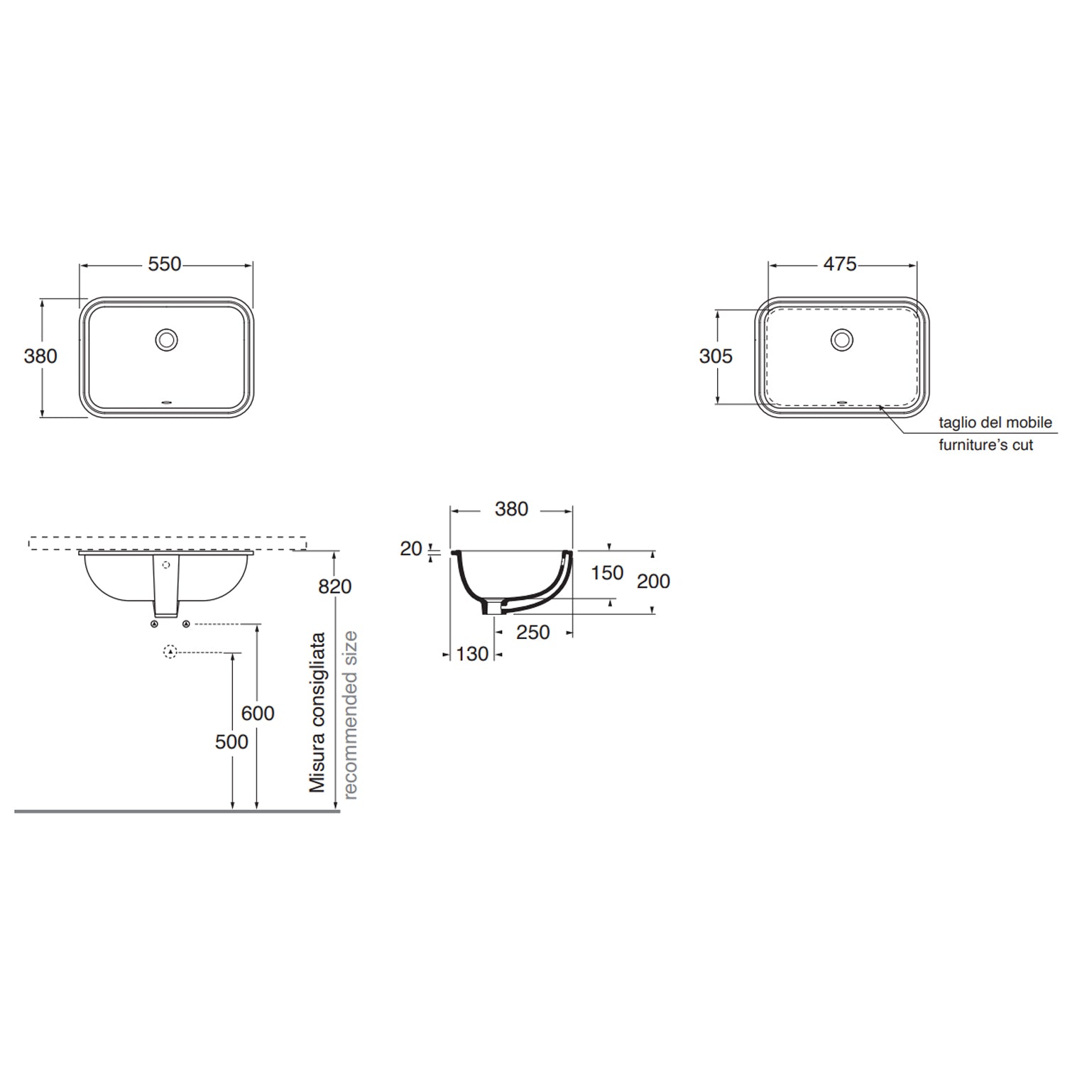 Lavabo sottopiano Azzurra Built-in Under 55x38 cm con foro troppopieno - Bianco lucido