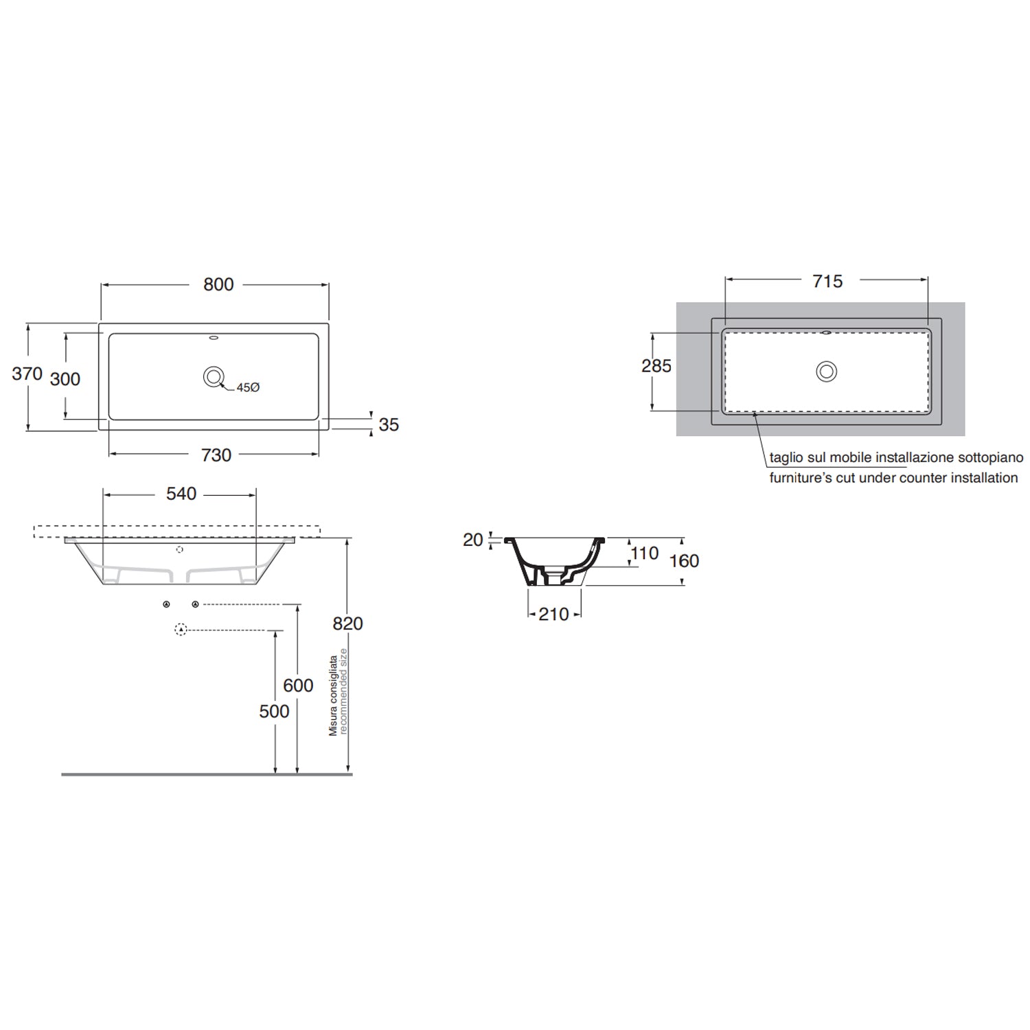 Lavabo sottopiano Azzurra Built-in Dual 80x37 cm con foro troppopieno - Bianco lucido