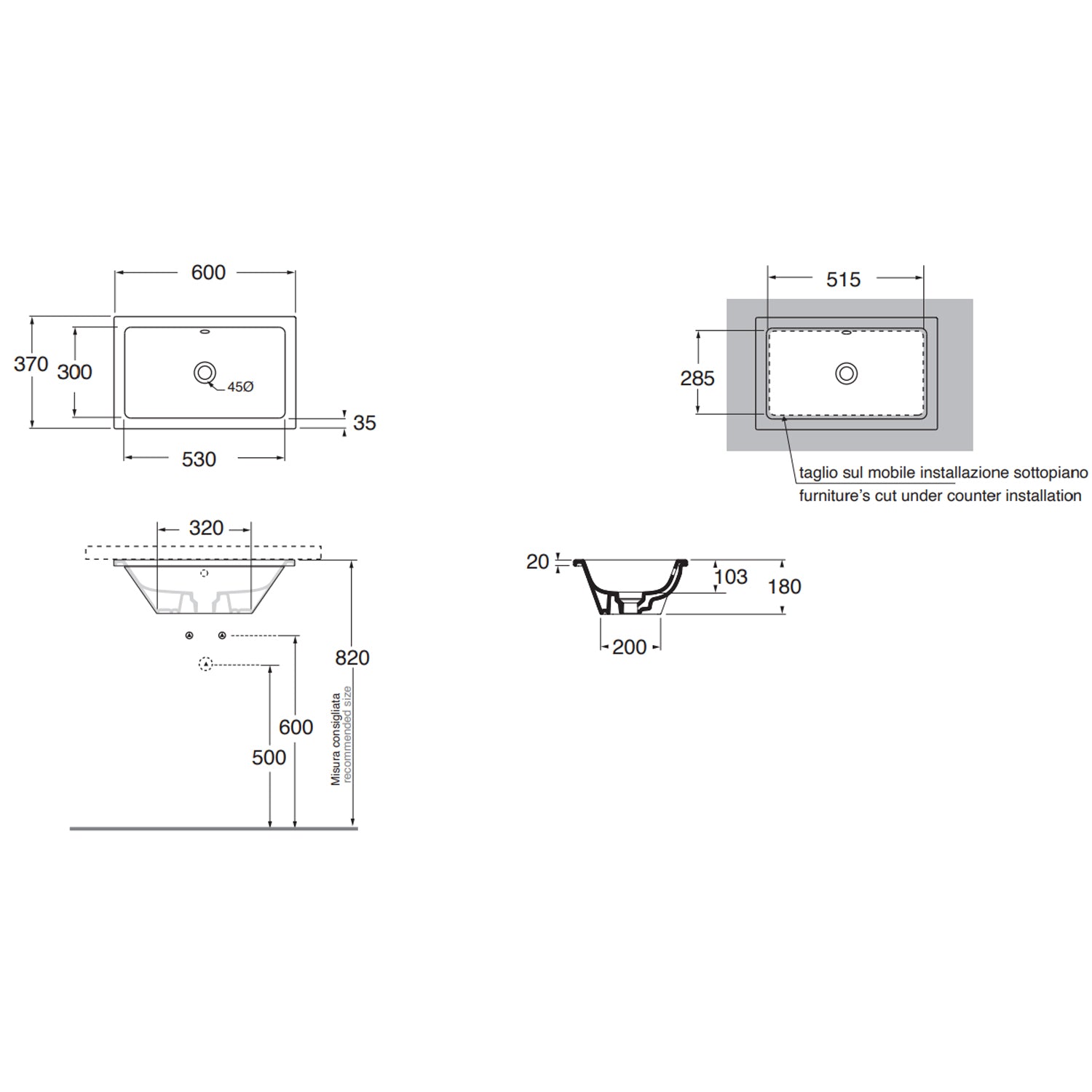 Lavabo sottopiano Azzurra Built-in Dual 60x37 cm con foro troppopieno - Bianco lucido