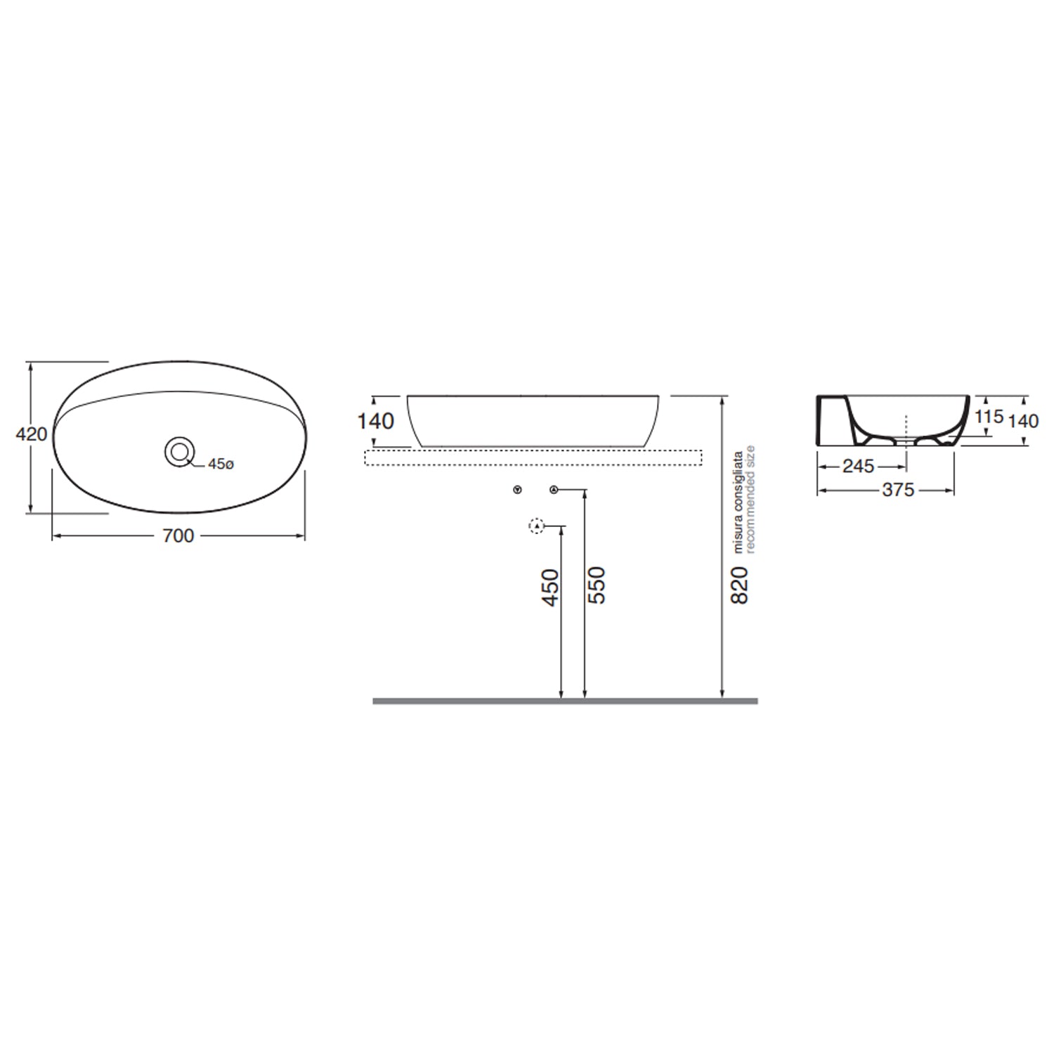 Lavabo da appoggio Ceramica Azzurra Elegance 70x42 - Bianco Lucido