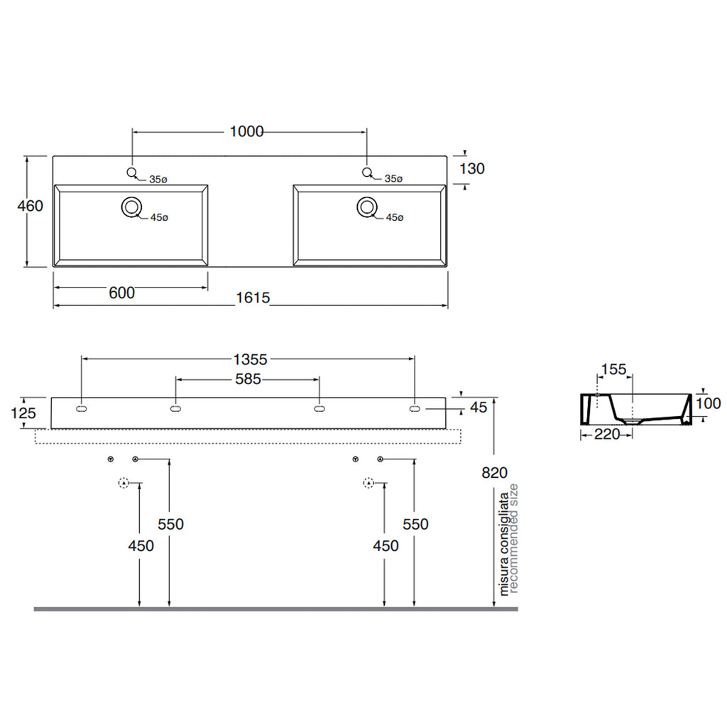 Lavabo da appoggio/sospeso squadrato con doppia vasca e fori Ceramica Azzurra Elegance 161x46 cm - Bianco lucido