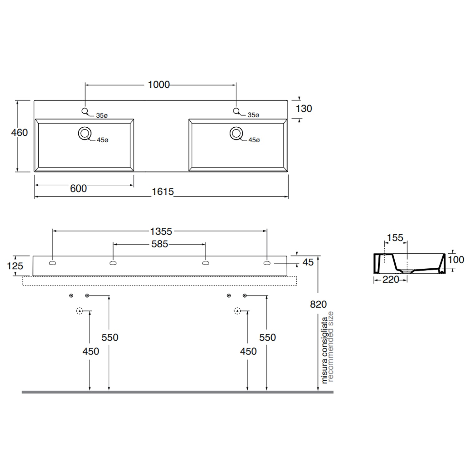 Lavabo da appoggio/sospeso squadrato con doppia vasca e fori Ceramica Azzurra Elegance 161x46 cm - Bianco lucido