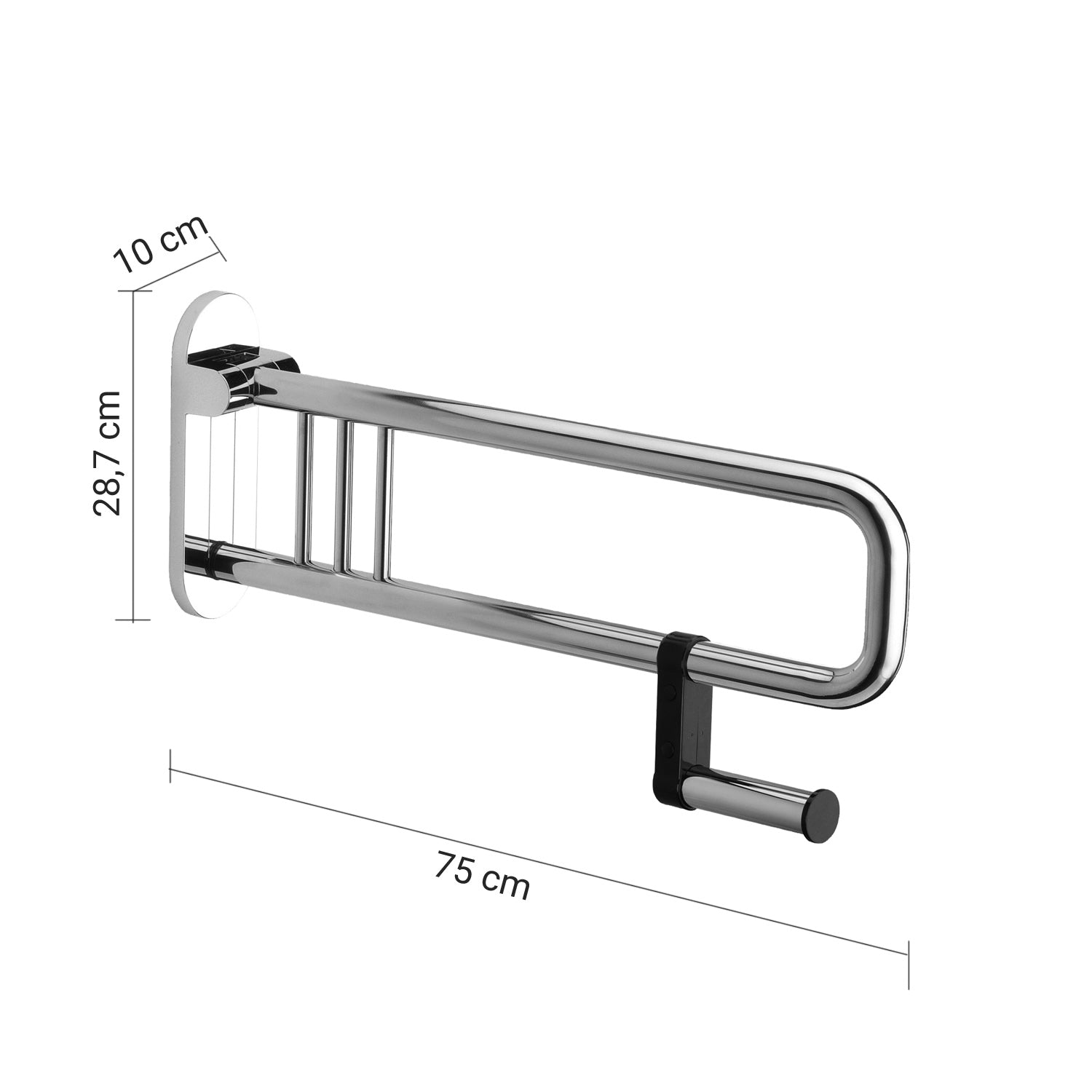 Appoggio ribaltabile con porta carta igienica Gedy per anziani e disabili. Misure 10x75x34 cm