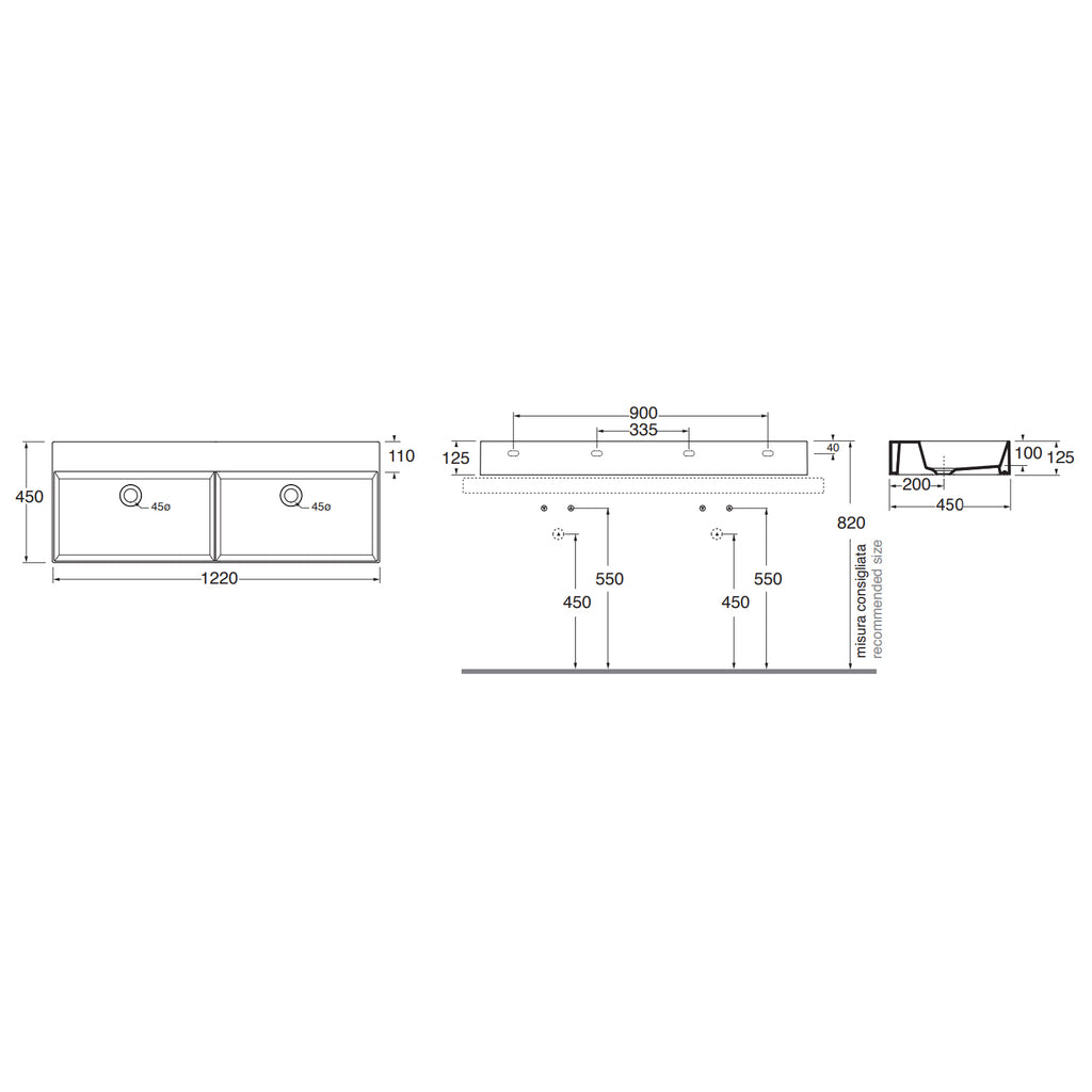 Lavabo da appoggio/sospeso squadrato con doppia vasca Ceramica Azzurra Elegance 122x45 cm