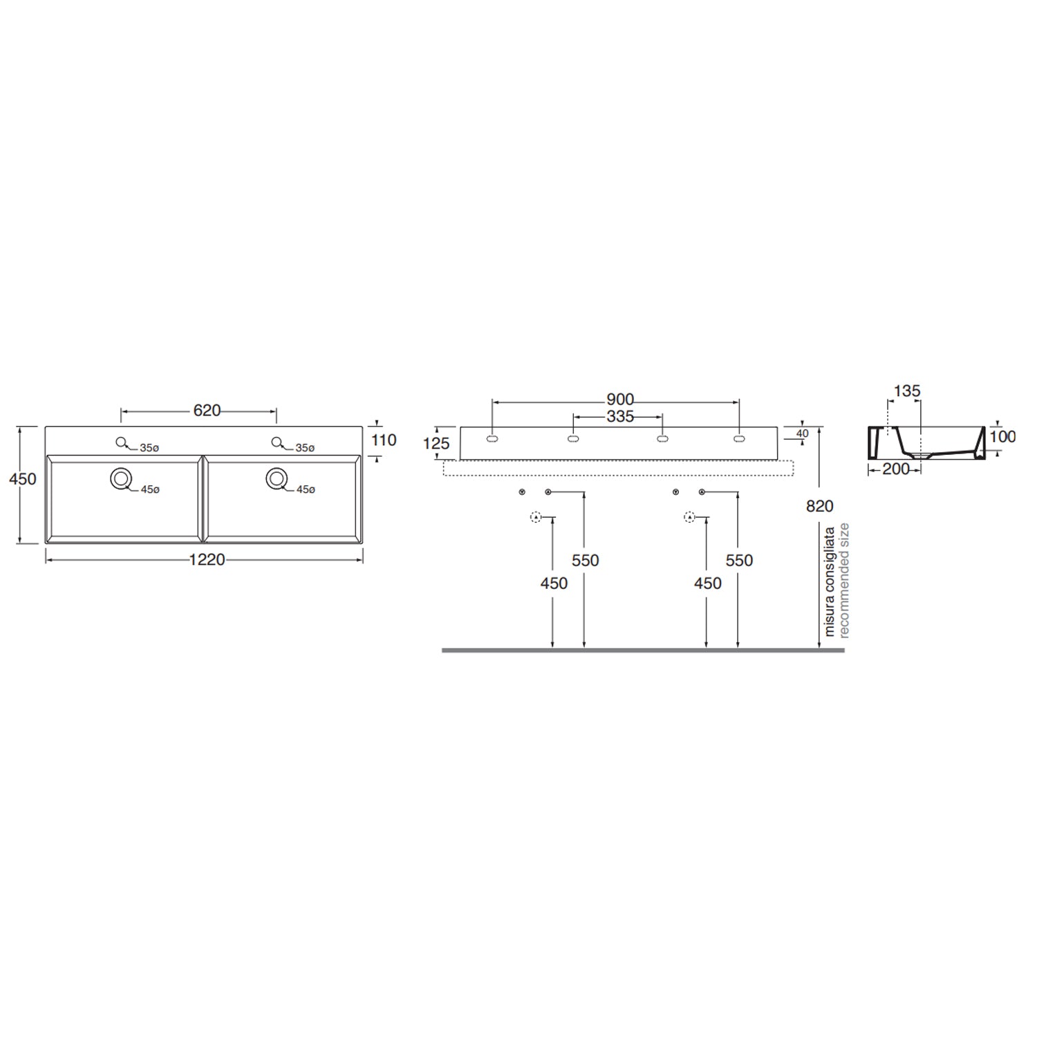 Lavabo da appoggio/sospeso squadrato con doppia vasca Ceramica Azzurra Elegance 122x45 cm con fori rubinetteria