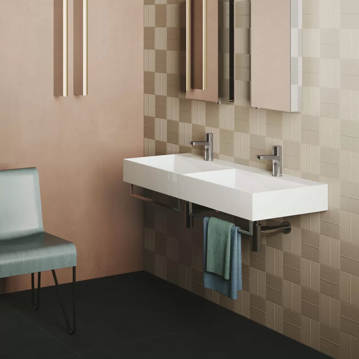 Lavabo da appoggio/sospeso squadrato con doppia vasca Ceramica Azzurra Elegance 122x45 cm con fori rubinetteria