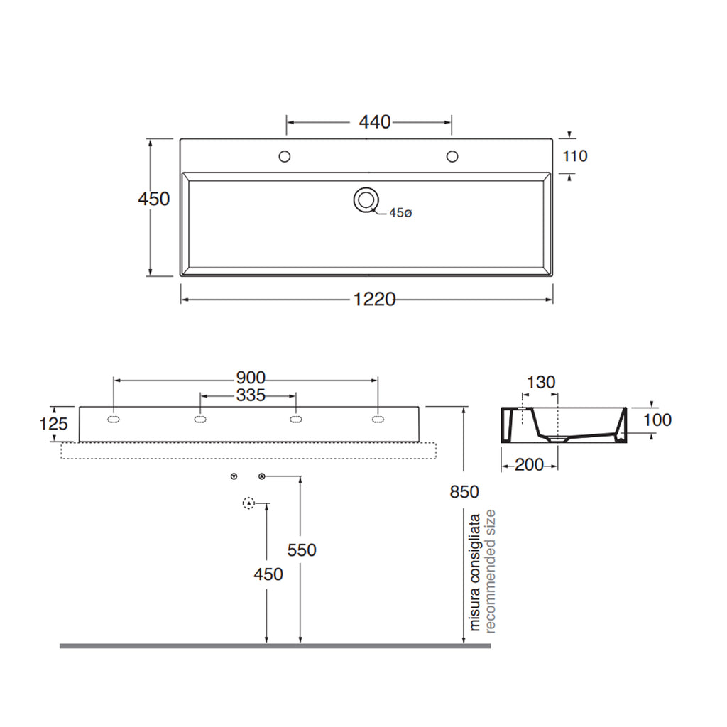 Lavabo da appoggio/sospeso squadrato Ceramica Azzurra Elegance 122x45 cm con fori rubinetteria