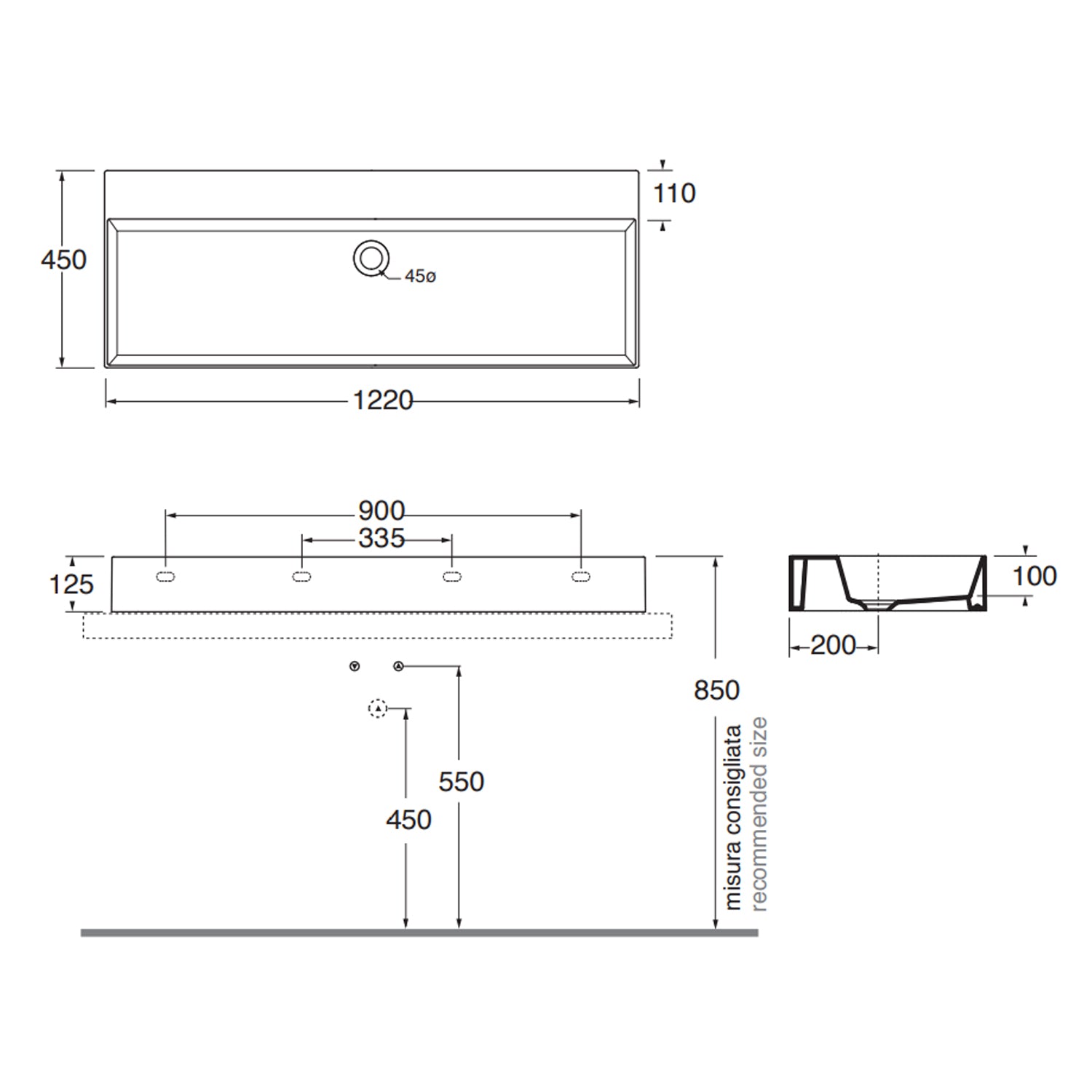 Lavabo da appoggio/sospeso squadrato Ceramica Azzurra Elegance 122x45 cm