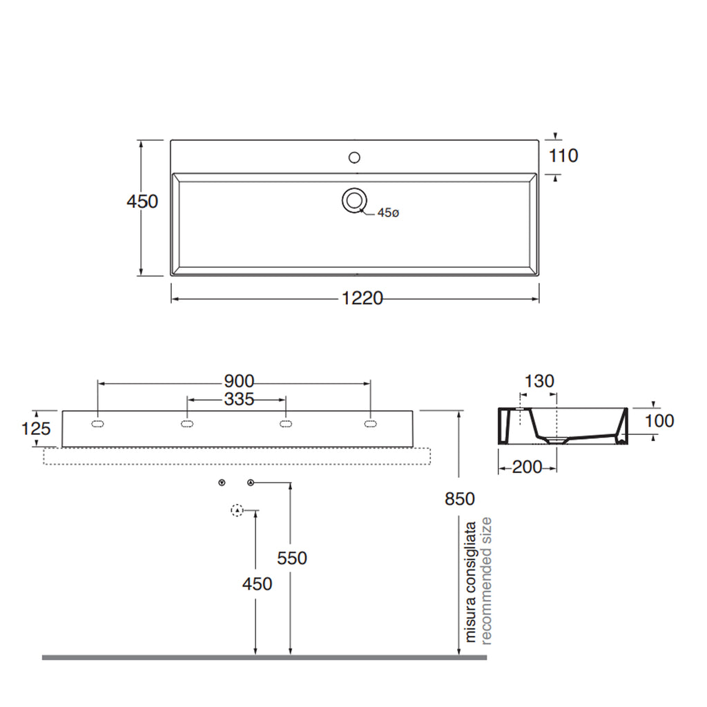 Lavabo da appoggio/sospeso squadrato Ceramica Azzurra Elegance 122x45 cm con foro rubinetteria