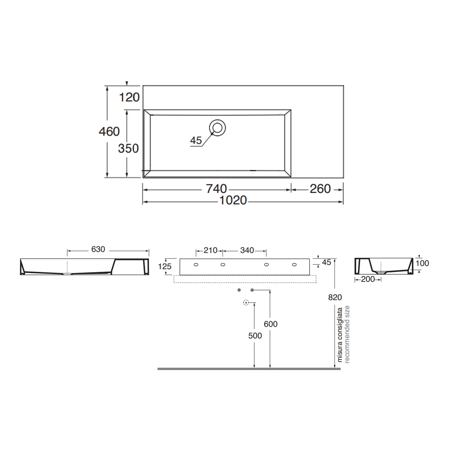 Lavabo da appoggio/sospeso squadrato di Ceramica Azzurra serie Elegance 102x46 cm con piano a destra