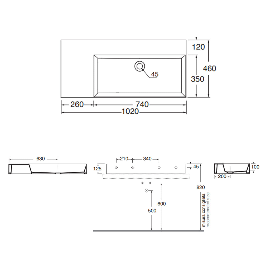 Lavabo da appoggio/sospeso squadrato di Ceramica Azzurra serie Elegance 102x46 cm con piano a sinistra