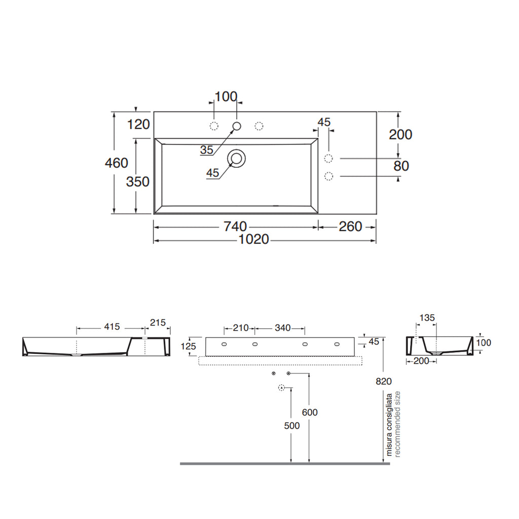Lavabo da appoggio/sospeso squadrato di Ceramica Azzurra serie Elegance 102x46 cm con piano a destra e foro rubinetteria