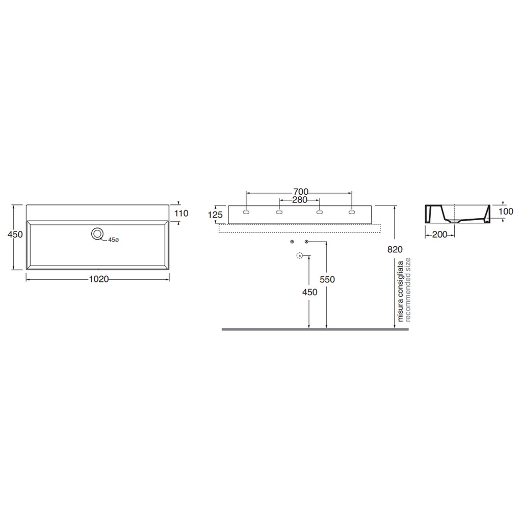 Lavabo da appoggio/sospeso squadrato Ceramica Azzurra Elegance 102x45 cm senza foro rubinetteria