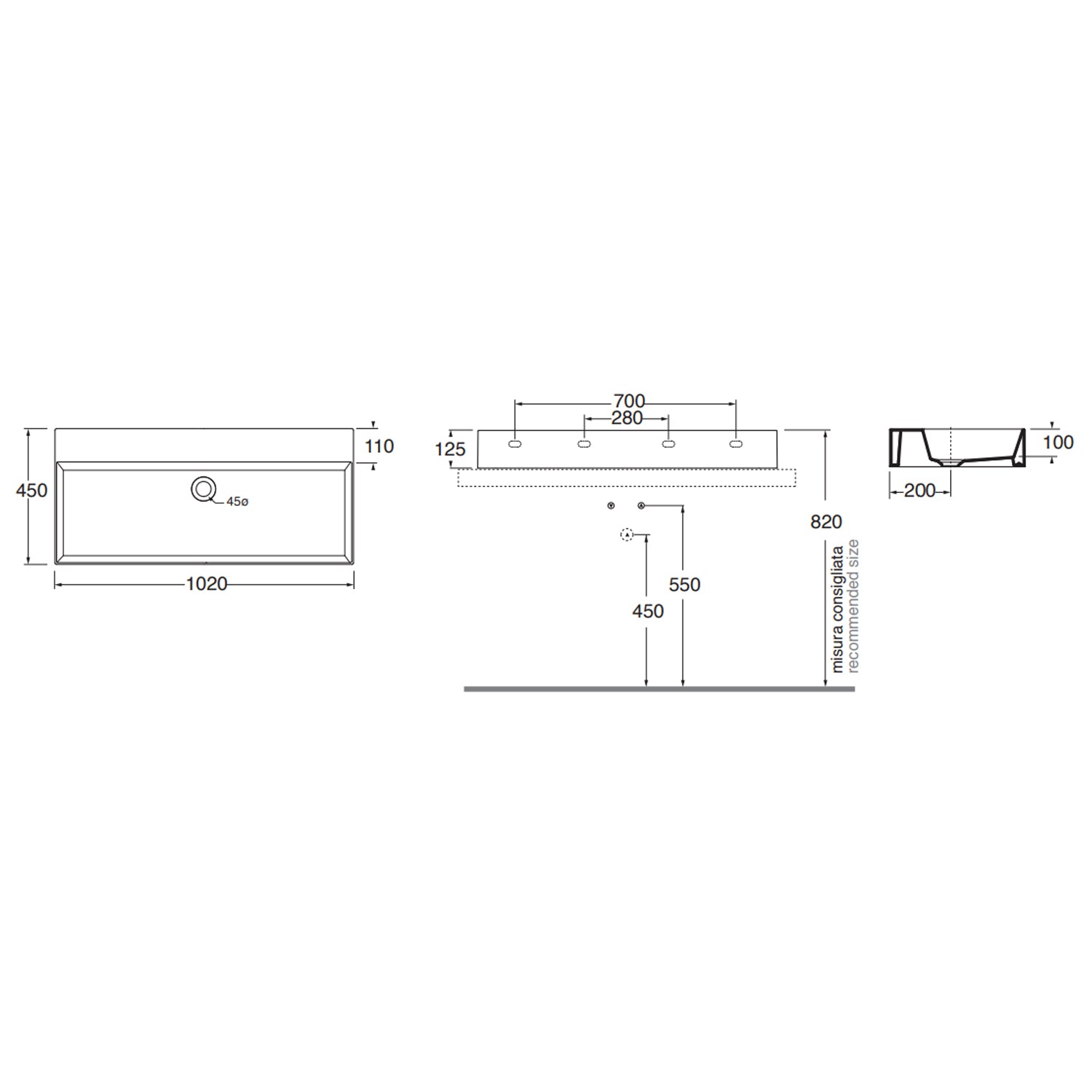 Lavabo da appoggio/sospeso squadrato Ceramica Azzurra Elegance 102x45 cm senza foro rubinetteria