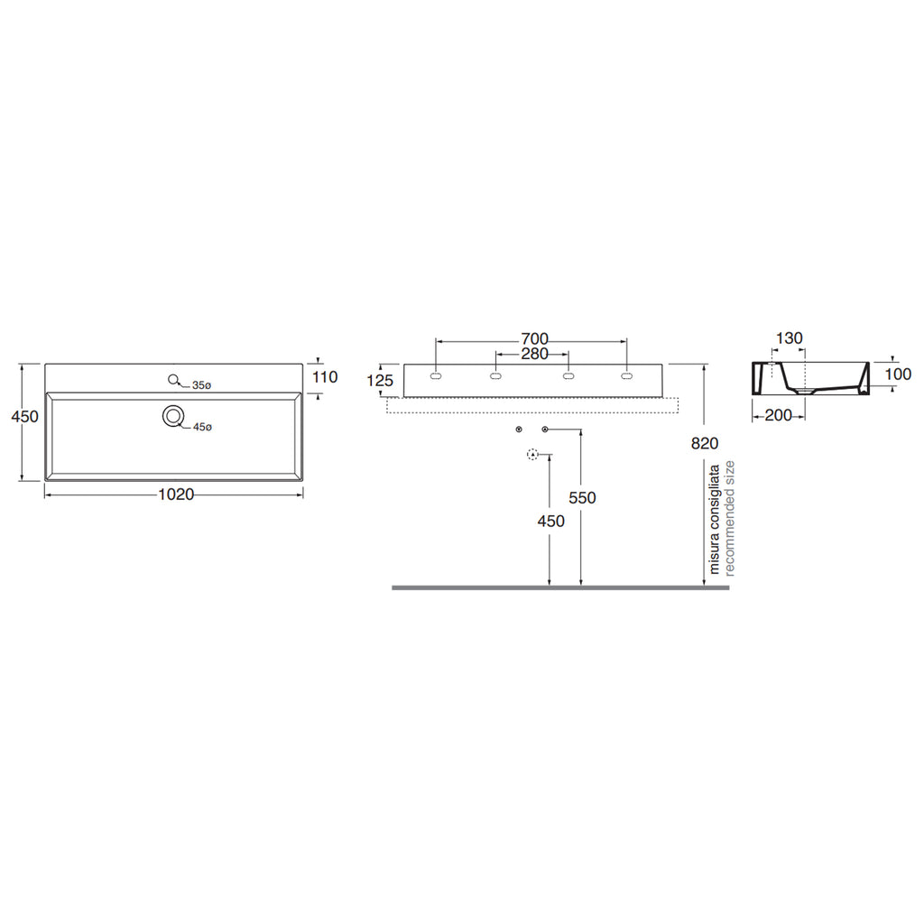 Lavabo da appoggio/sospeso squadrato Ceramica Azzurra Elegance 102x45 cm