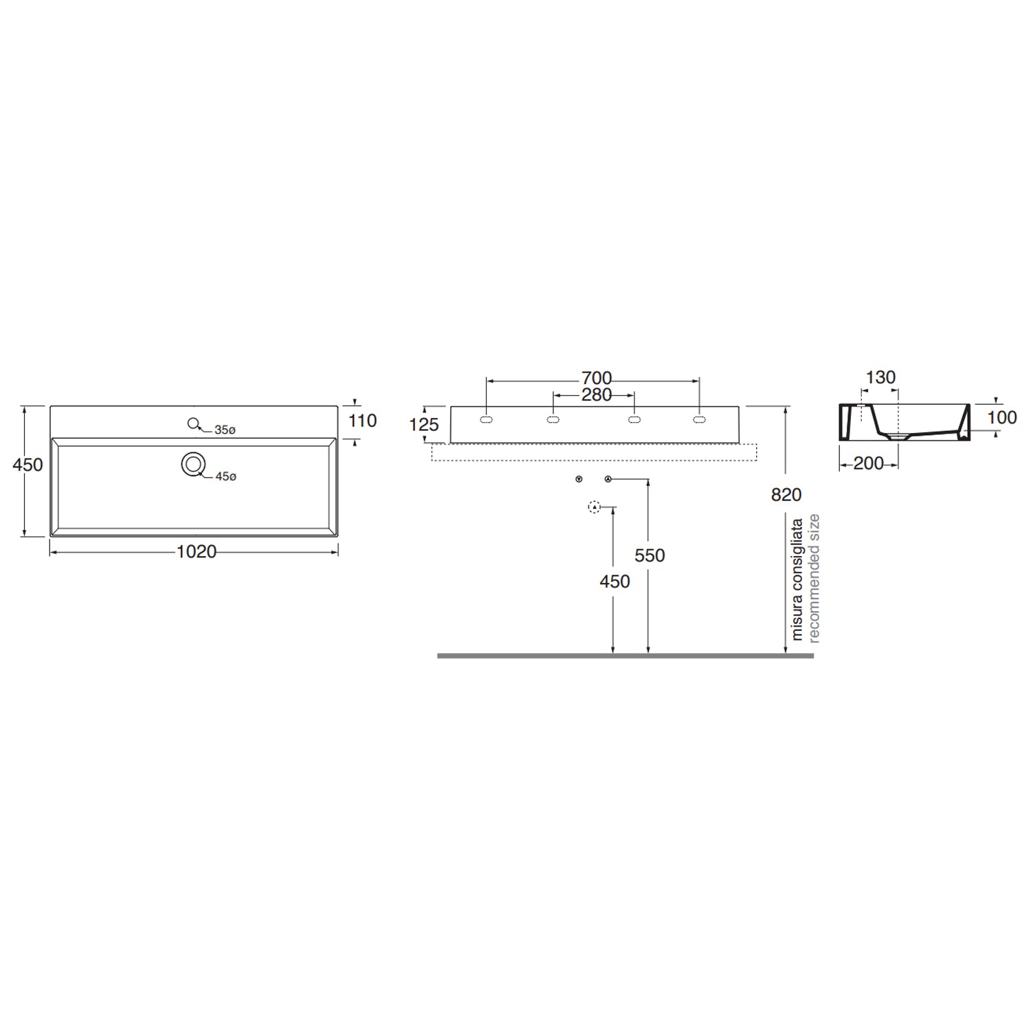 Lavabo da appoggio/sospeso squadrato Ceramica Azzurra Elegance 102x45 cm