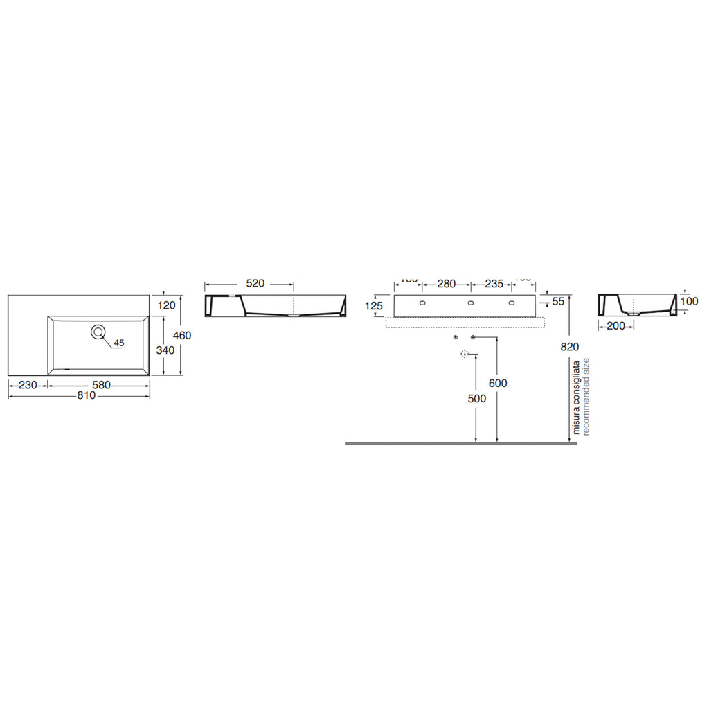 Lavabo da appoggio/sospeso squadrato di Ceramica Azzurra serie Elegance 81x46 cm con piano a sinistra
