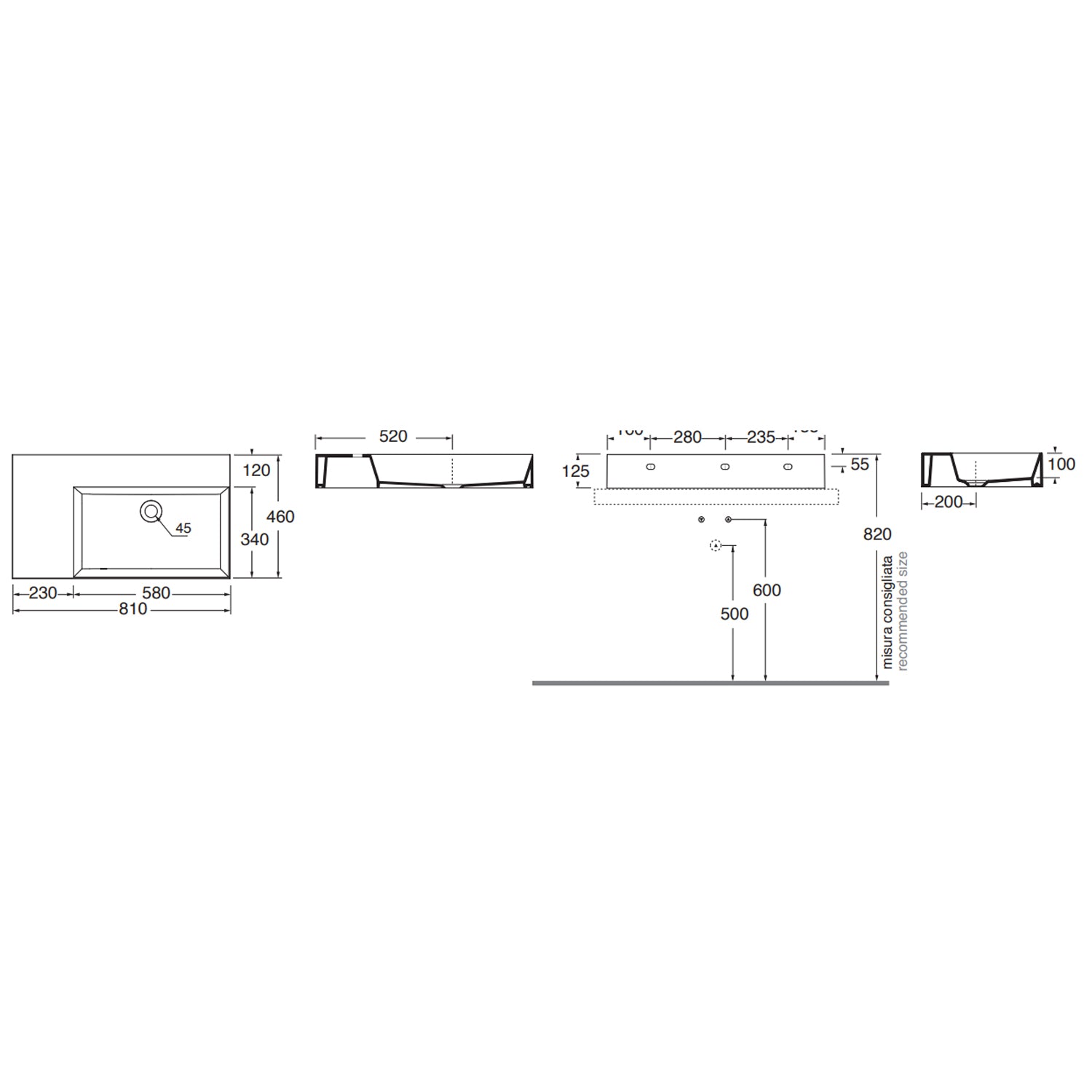 Lavabo da appoggio/sospeso squadrato di Ceramica Azzurra serie Elegance 81x46 cm con piano a sinistra