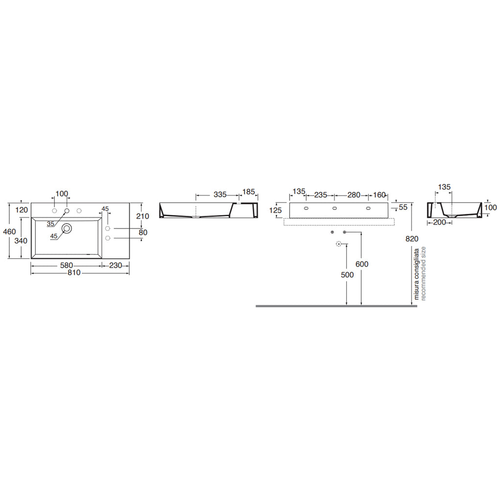 Lavabo da appoggio/sospeso squadrato di Ceramica Azzurra serie Elegance 81x46 cm con piano a destra e foro rubinetteria