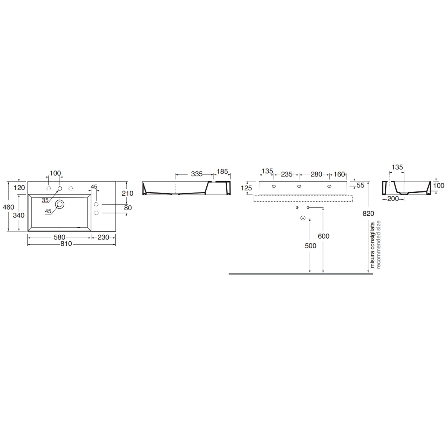 Lavabo da appoggio/sospeso squadrato di Ceramica Azzurra serie Elegance 81x46 cm con piano a destra e foro rubinetteria