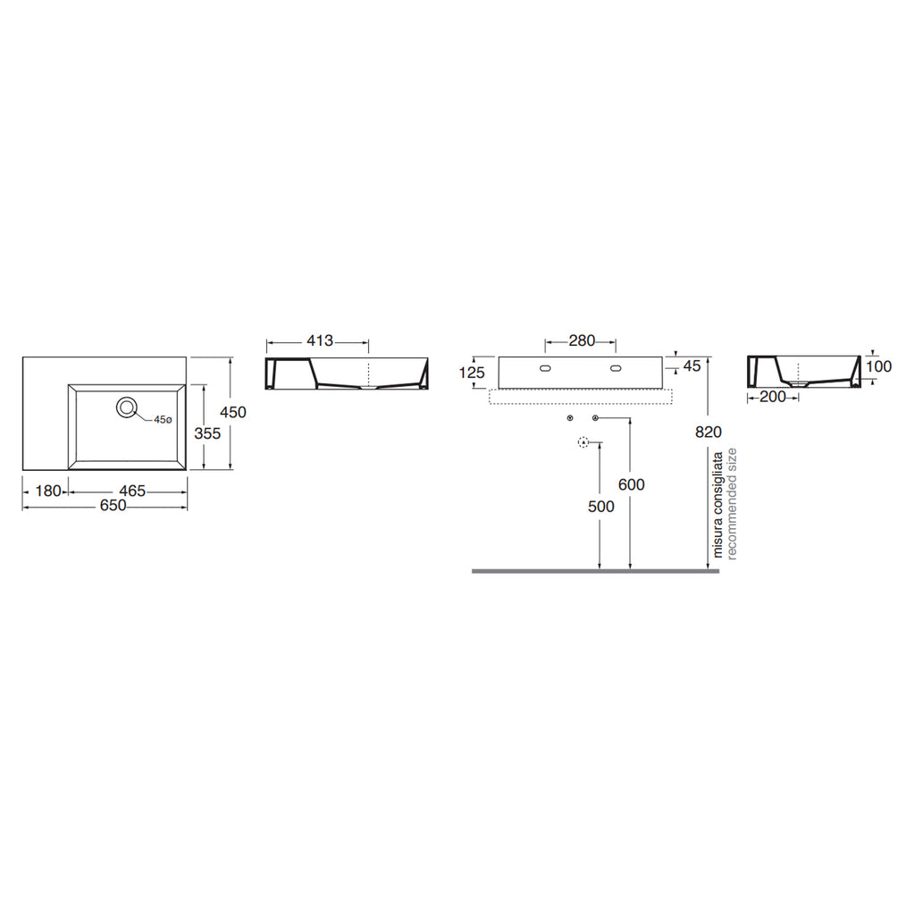 ELLP06545LQ0BI - Lavabo da appoggio/sospeso squadrato di Ceramica Azzurra serie Elegance 65x45 cm con piano a sinistra