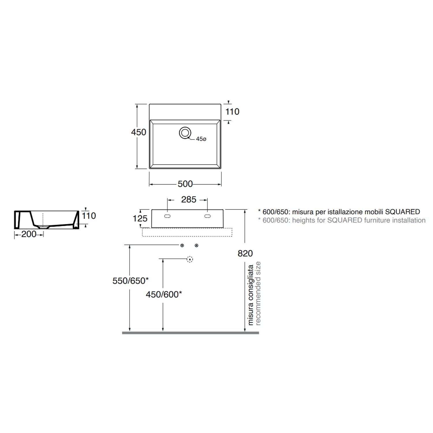 Lavabo da appoggio squadrato Ceramica Azzurra Elegance 35x35 cm senza foro rubinetteria