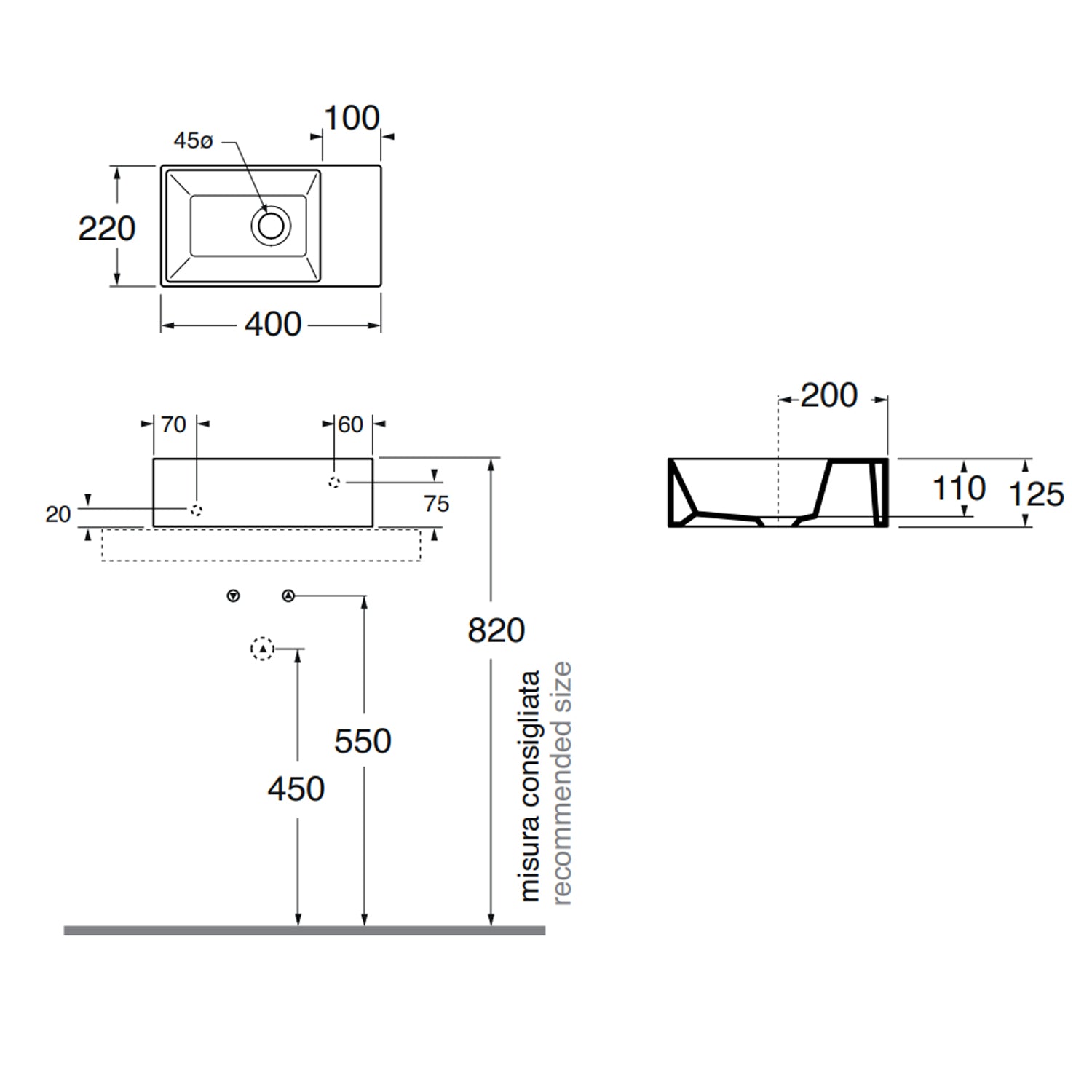 Lavabo sospeso con piano a destra Azzurra Elegance Squared 40x22x12