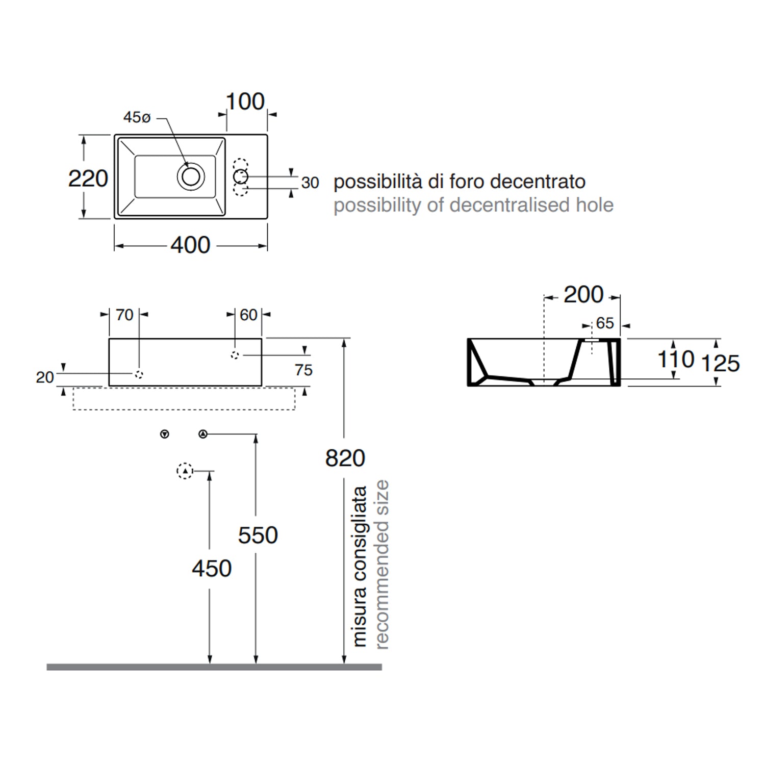 Lavabo sospeso con piano a destra Azzurra Elegance Squared 40x22x12