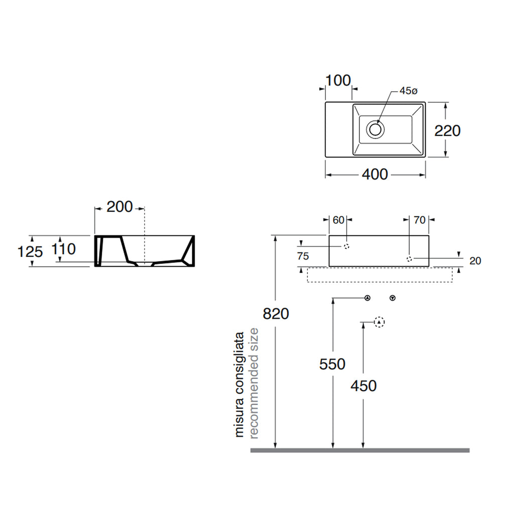 Lavabo sospeso con piano a sinistra Azzurra Elegance Squared 40x22x12