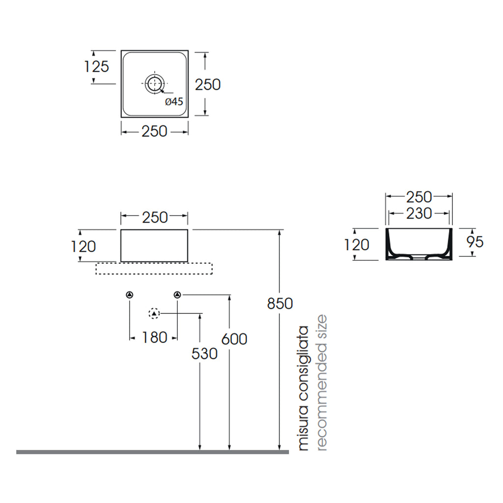 Lavabo da appoggio Azzurra Elegance Squared 25x25 cm - Bianco lucido