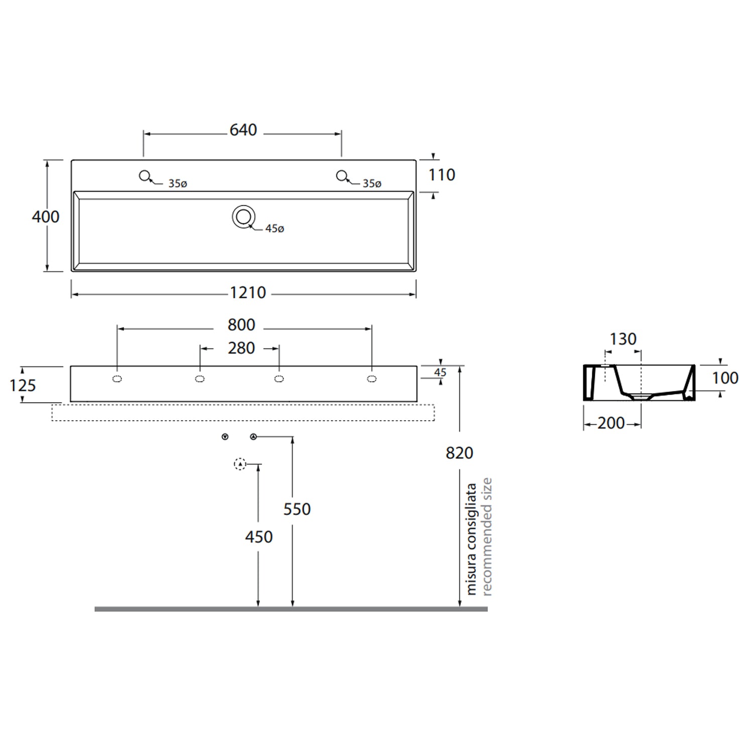 Lavabo appoggio/sospeso Azzurra serie Elegance Squared 102x40 cm - Bianco lucido