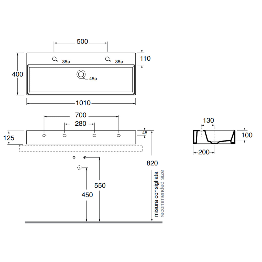 Lavabo appoggio/sospeso Azzurra serie Elegance Squared 102x40 cm - Bianco lucido