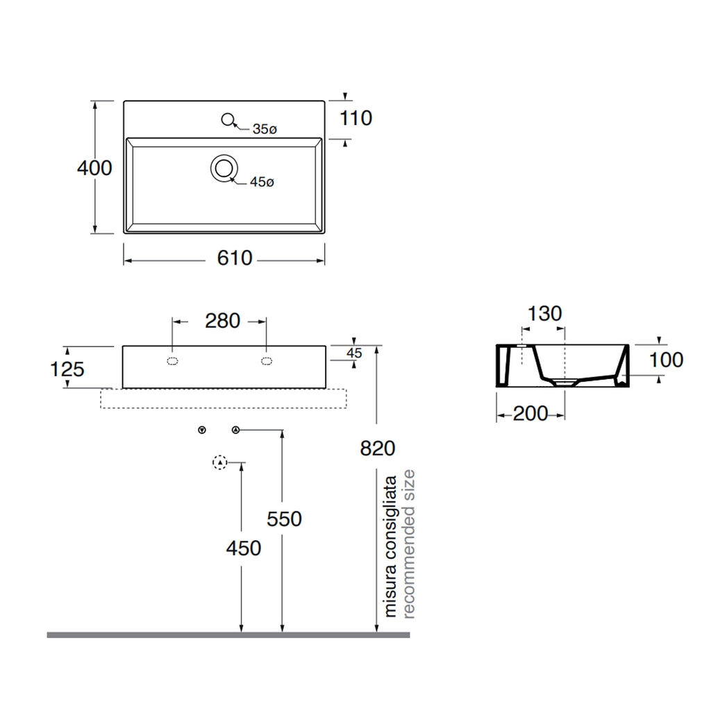 Lavabo appoggio/sospeso Azzurra serie Elegance Squared 61x40 cm - Bianco lucido