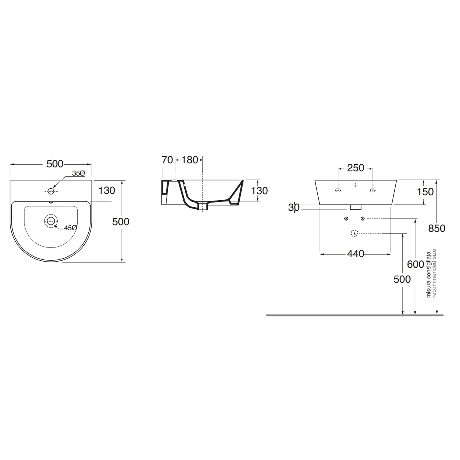 Lavabo sospeso/appoggio 50x50 cm serie Forma di Azzurra Ceramica - Bianco Lucido
