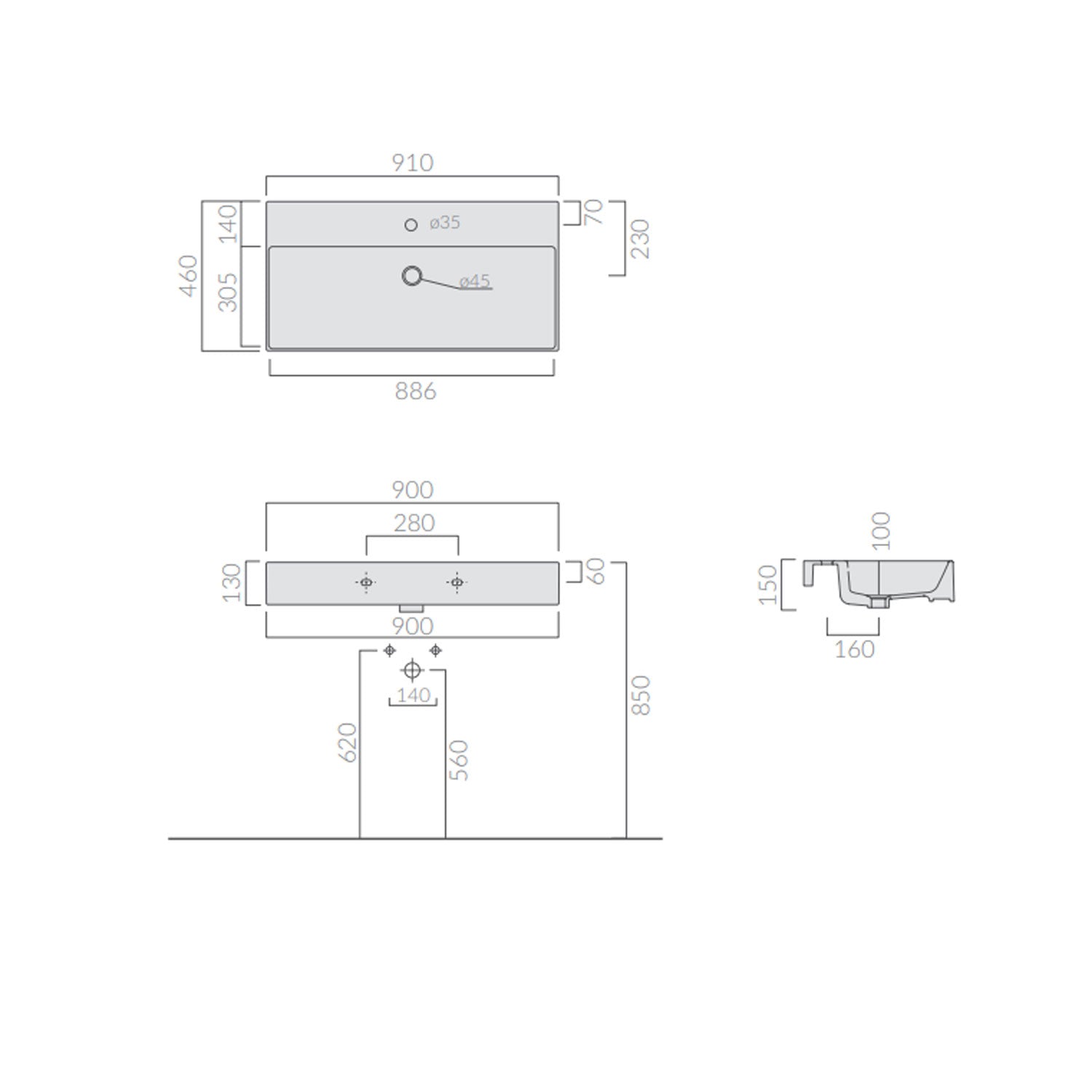 Lavabo da appoggio/sospeso 91x46cm serie Meg11 Pro di Ceramica Galassia -  Bianco lucido