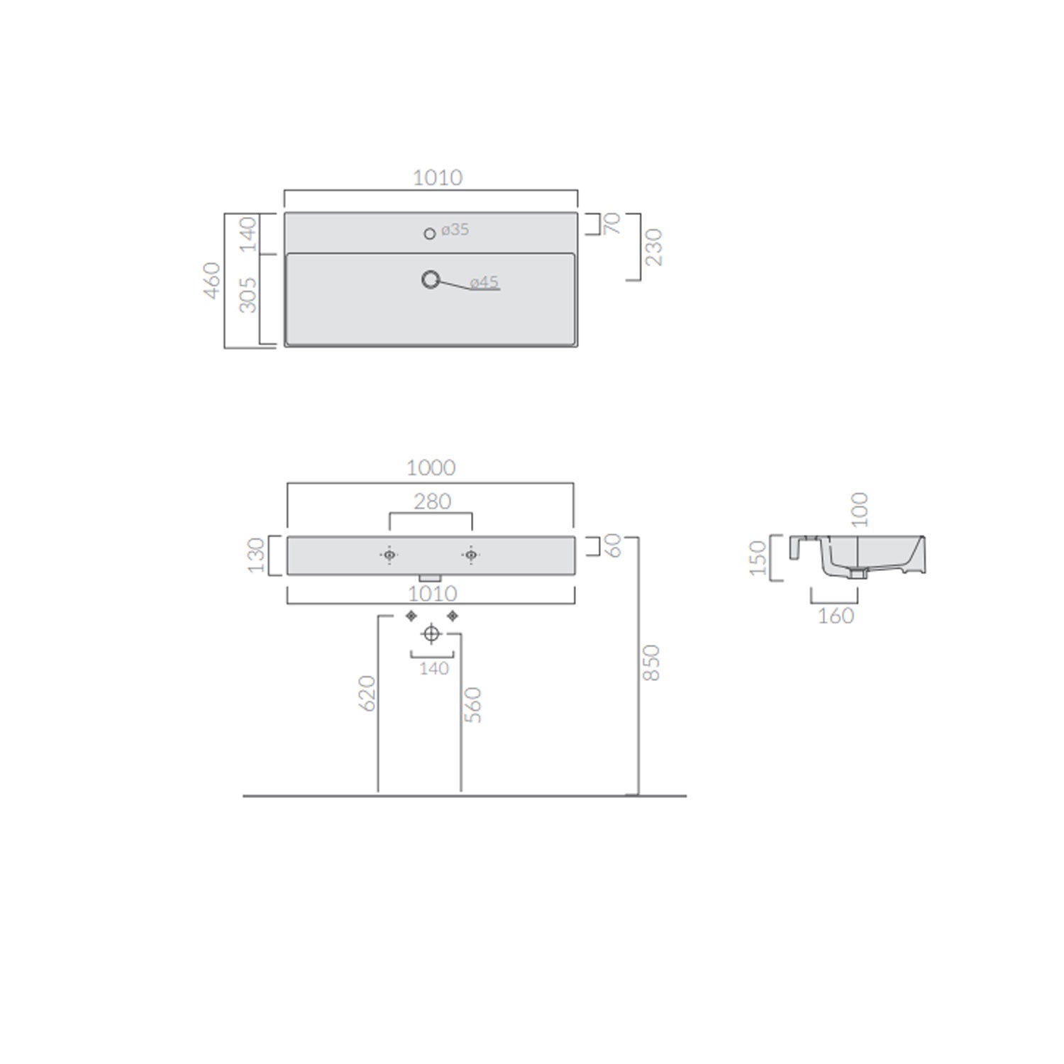 Lavabo da appoggio/sospeso 101x46cm serie Meg11 Pro di Ceramica Galassia -  Bianco lucido