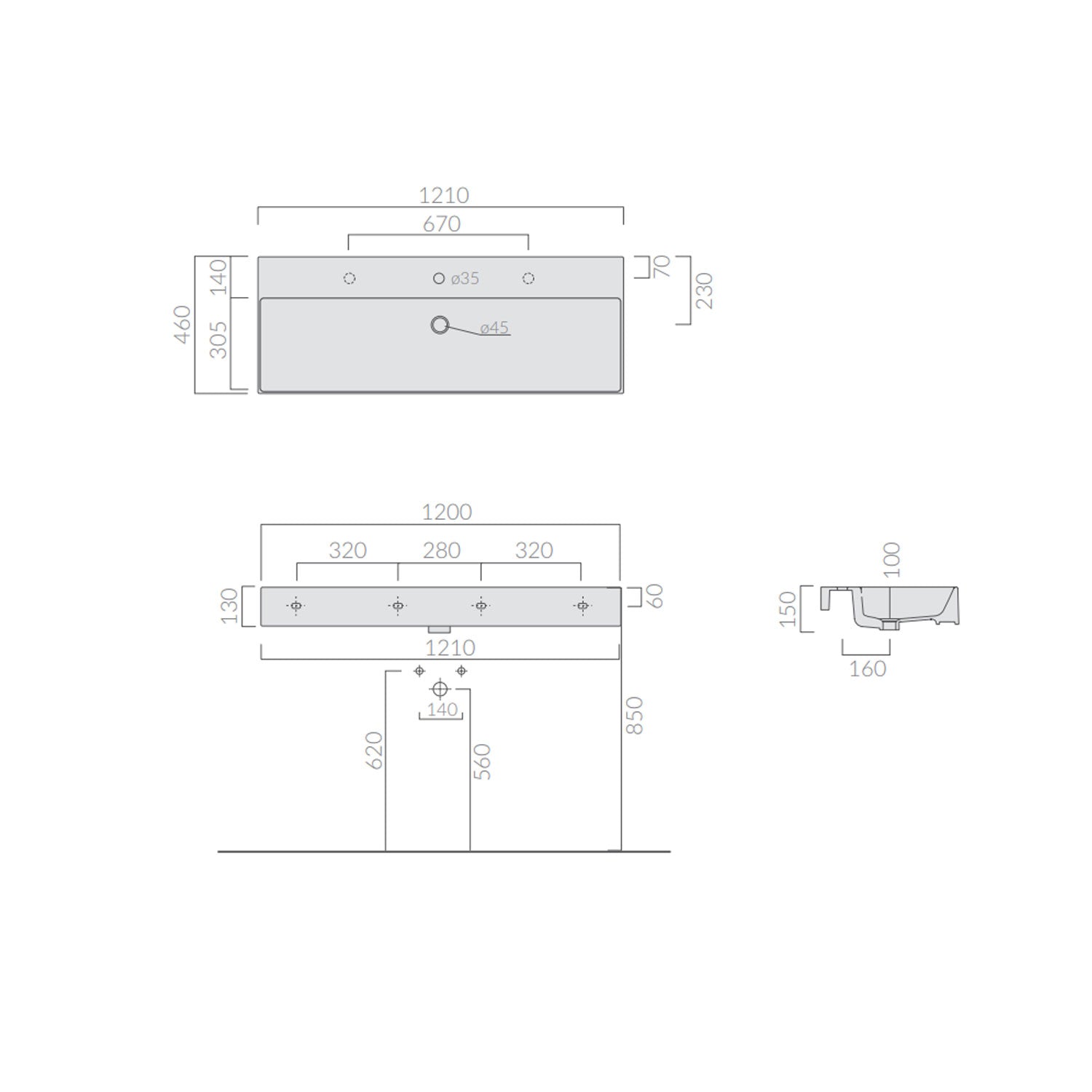 Lavabo da appoggio/sospeso 121x46cm serie Meg11 Pro di Ceramica Galassia -  Bianco lucido