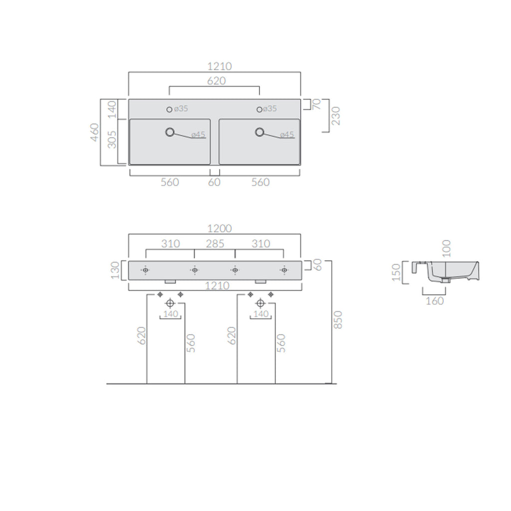 Lavabo da appoggio/sospeso 2 vasche 121x46cm serie Meg11 Pro di Ceramica Galassia -  Bianco lucido