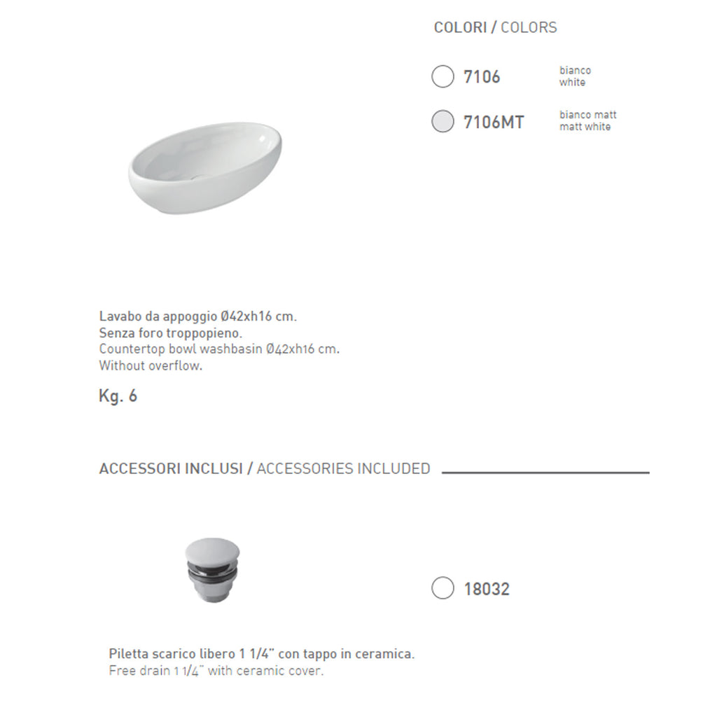 Lavabo da appoggio in ceramica serie Ergo di Ceramica Galassia -  Bianco lucido 60x36xh16cm