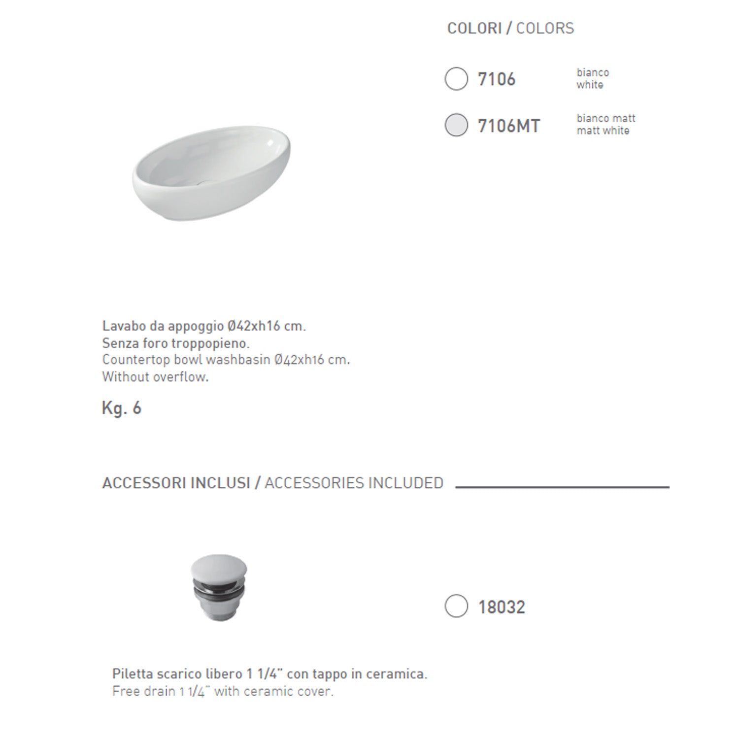 Lavabo da appoggio in ceramica serie Ergo di Ceramica Galassia -  Bianco lucido 60x36xh16cm