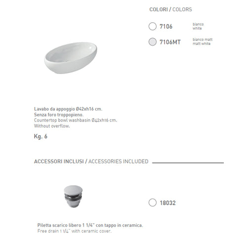 Lavabo da appoggio in ceramica serie Ergo di Ceramica Galassia -  Bianco lucido 60x36xh16cm