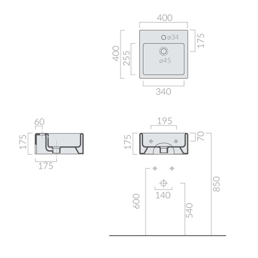 Lavabo 40x40 cm sospeso o da appoggio senza foro â€“ Bianco