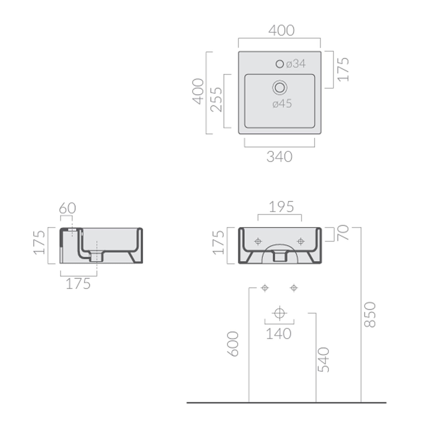 Lavabo 40x40 cm sospeso o da appoggio senza foro â€“ Bianco