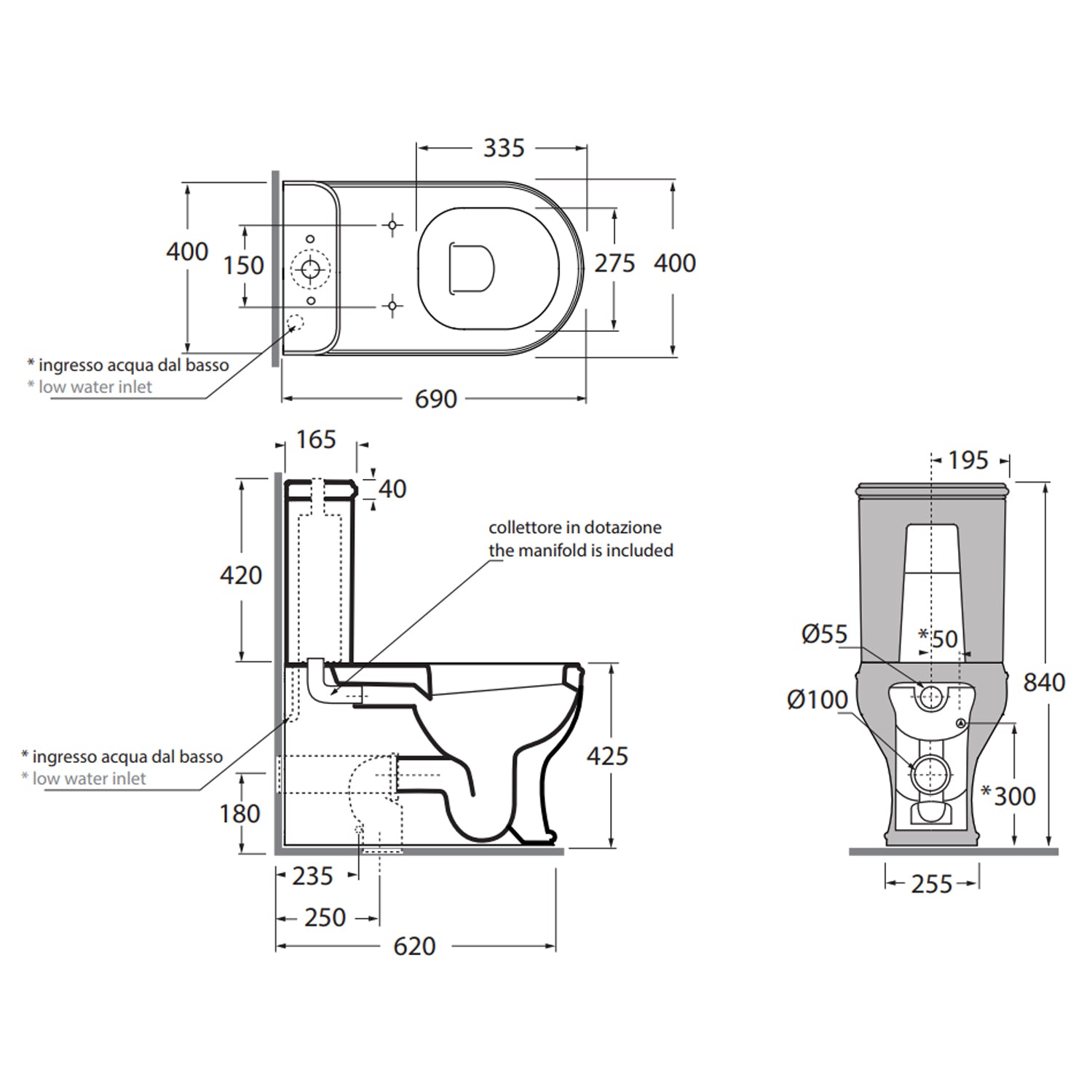 Vaso filoparete monoblocco con cassetta Azzurra linea Charme con sedile soft close