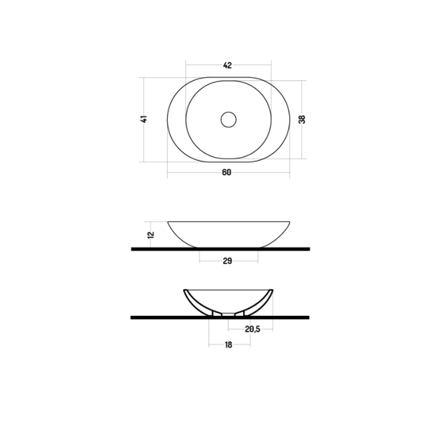 Lavabo da appoggio ovale 60cm in ceramica bianca lucida serie Ovo Disegno-Ceramica