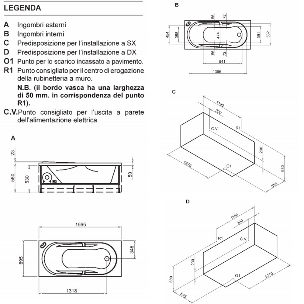 Vasca Bagno rettangolare Love in acrilico e Abs cm 160x70 con idromassaggio