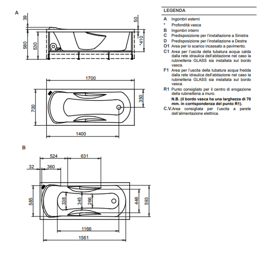 Vasca Bagno rettangolare Love in acrilico e Abs cm 170x70 con idromassaggio