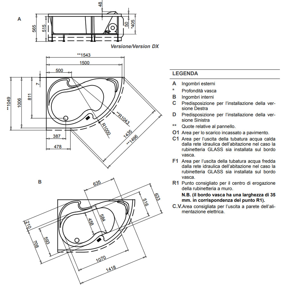 Vasca Bagno asimmetrica Grace con idromassaggio in acrilico e Abs cm 150x100- Versione Destra