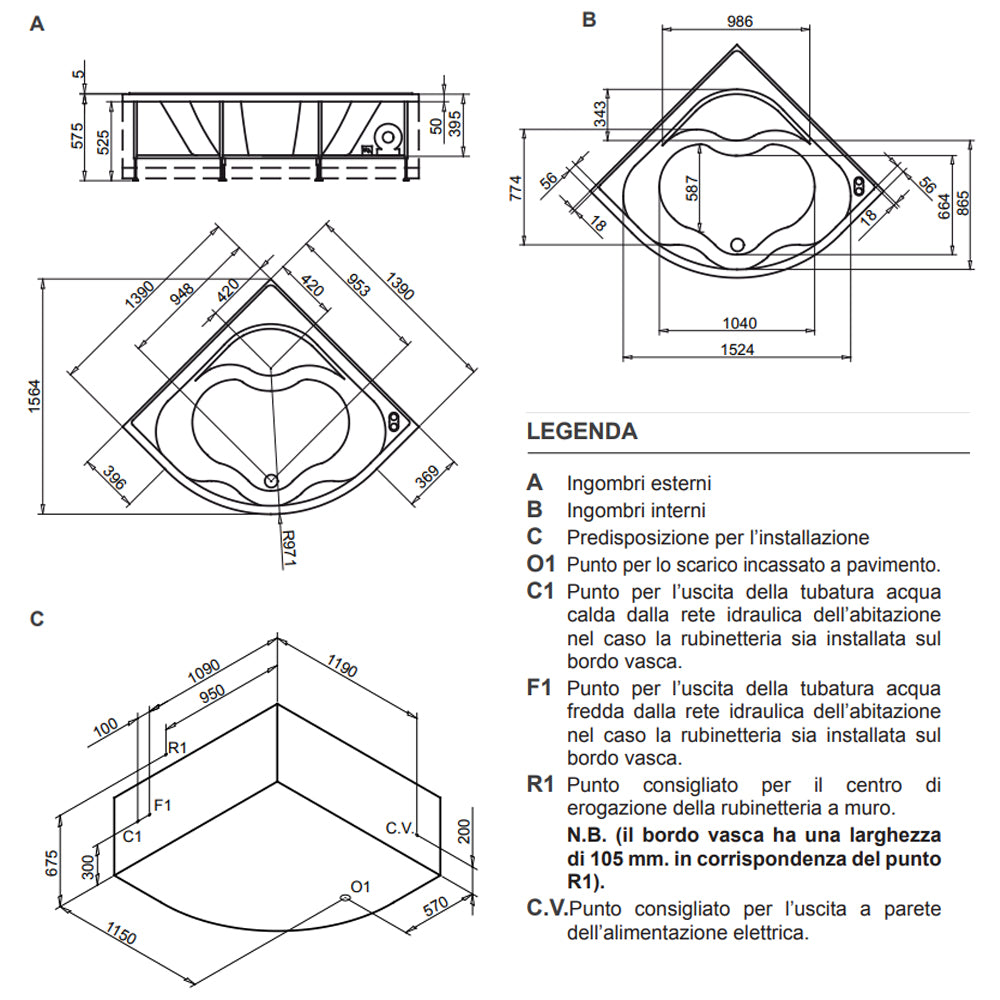 Vasca Bagno angolare modello Copale in acrilico e Abs cm 140x140