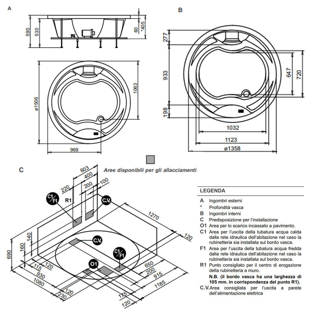 Vasca idromassaggio Lizzy tonda con rubinetteria e cascata da incasso diam. cm 150